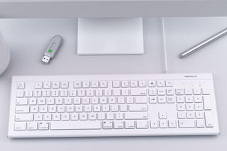Macally USB Wired Compact Keyboard in Silver Aluminum for Mac and PC on White Background