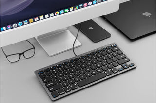 Macally Small USB Wired Keyboard in Space Grey - 78 Keys on White Background