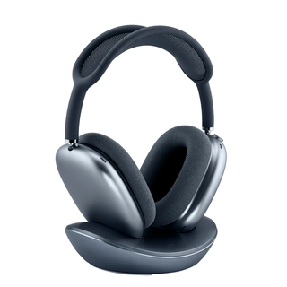 Macally AirPods Max charging stand in midnight - angled side view holding both ear cups upright