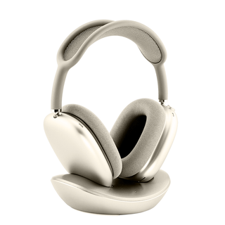 Macally AirPods Max charging stand in starlight - angled side view holding both ear cups upright