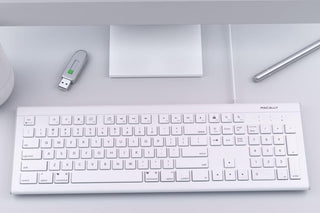 Macally USB Wired Compact Keyboard in Silver Aluminum for Mac and PC on White Background 