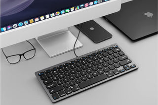 Macally Small USB Wired Keyboard in Space Grey - 78 Keys on White Background 