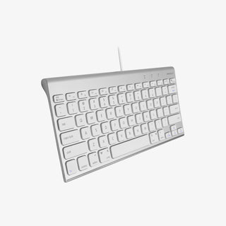Macally USB Wired Compact Keyboard in Silver Aluminum for Mac and PC on White Background