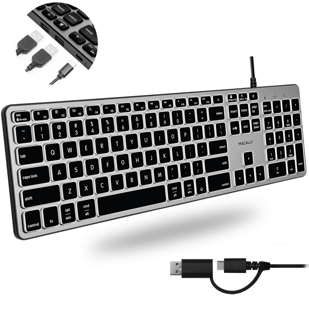 Backlit Keyboard for Mac with USB Hub – Dual USB-C & USB-A | Macally