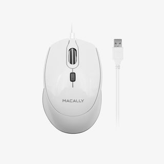 Macally USB Wired Mouse in White - Quiet Click with 5ft Cable on White Background