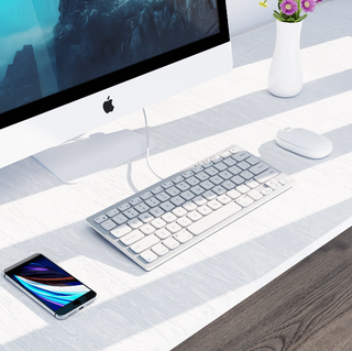 Macally wired USB keyboard and mouse with iMac on wooden desk workspace with iPad and flowers