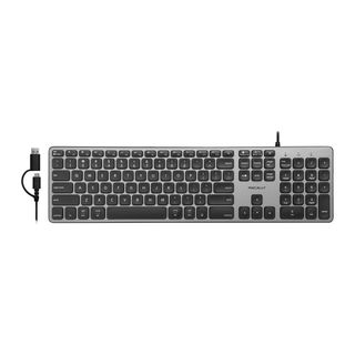 Macally wired keyboard and mouse combo for Mac in Space Gray - keyboard front view with USB-C and USB-A plug