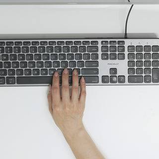 Macally wired keyboard and mouse combo for Mac in Space Gray - top-down view of full-size layout with number pad