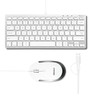 Macally compact keyboard and mouse combo in silver - wired keyboard and mouse with USB-C and USB-A plugs