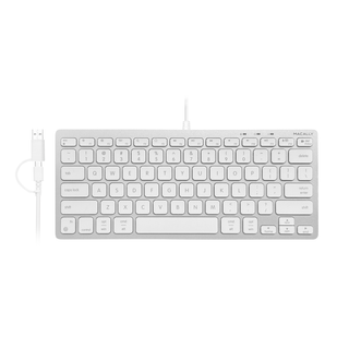Macally compact keyboard and mouse combo in silver - keyboard front view with USB-C and USB-A plug