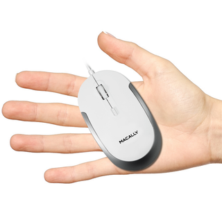 Macally compact keyboard and mouse combo in silver - compact mouse shown in hand for scale