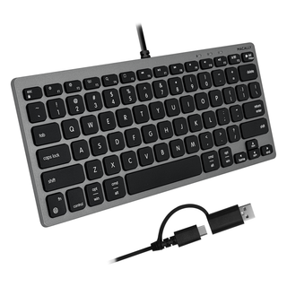 Macally Compact Keyboard and Mouse Combo in Space Gray - angled keyboard with USB-C to USB-A plug