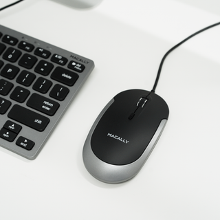 Macally Compact Keyboard and Mouse Combo in Space Gray - mouse close-up next to keyboard