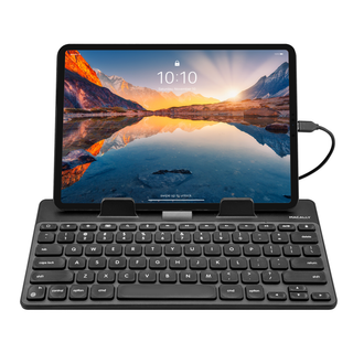 Macally USB-C wired keyboard with tablet stand in black - front view with iPad