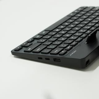 Macally USB-C wired keyboard with tablet stand in black - built-in USB-C and USB-A hub ports