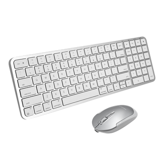 White slim keyboard and silver Macally mouse isolated on a transparent background in a clean angled layout